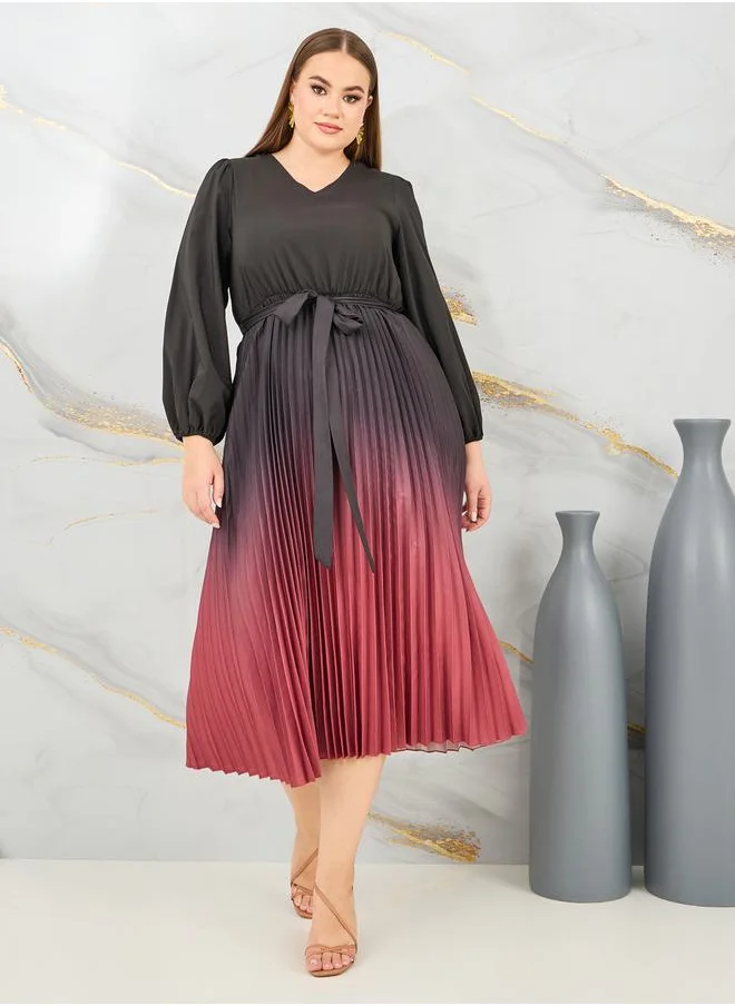 Styli Accordion Pleats Ombre Print A-Line Midi Dress