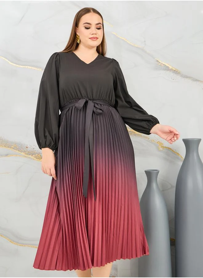 Styli Accordion Pleats Ombre Print A-Line Midi Dress
