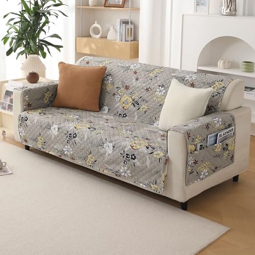HOKIPO 'VivaCasa Series' Quilted Polyester 3 Seater Sofa Cover with Pockets, Floral Ash Grey (NEW-IN-742-D3) - Image 2