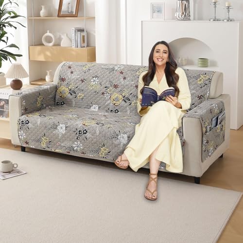 HOKIPO 'VivaCasa Series' Quilted Polyester 3 Seater Sofa Cover with Pockets, Floral Ash Grey (NEW-IN-742-D3) - Image 1