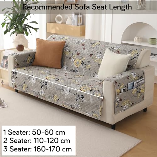 HOKIPO 'VivaCasa Series' Quilted Polyester 3 Seater Sofa Cover with Pockets, Floral Ash Grey (NEW-IN-742-D3) - Image 3