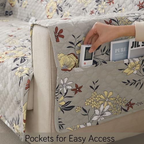 HOKIPO 'VivaCasa Series' Quilted Polyester 3 Seater Sofa Cover with Pockets, Floral Ash Grey (NEW-IN-742-D3) - Image 4
