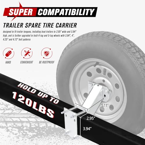 FIERYRED Trailer Spare Tire Mount with Lock, 120LBS Spare Tire Carrier for Utility Trailer and Boat, Tire Holder Bracket Fits 4 & 5 Lugs Wheels, Hold 3.94”, 4”, 4.25” and 4.72” Bolt Pattern - Image 2