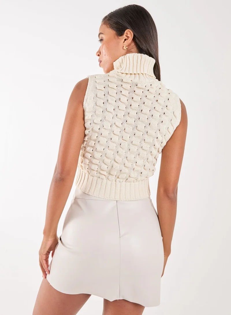 Pink Vanilla Knitted High Neck Threaded Sleeveless Top
