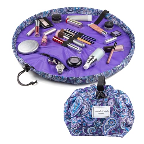 Lay-n-Go Cosmo Drawstring Cosmetic & Makeup Bag Organizer - Portable Drawstring Makeup Bag w/Zipper Pocket, Makeup Loops & More - Durable, Machine Washable Toiletry Bag (20", Purple Paisley) - Image 1