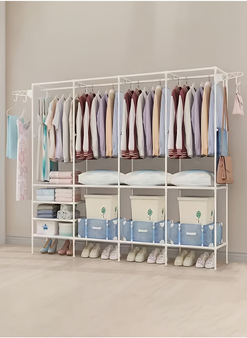 Taimi Metal Clothes Organizer, Metal Clothes Organizer Multi Functional Portable Wardrobe With Four Sections And Poles For Hanging Clothes White  - Image 1