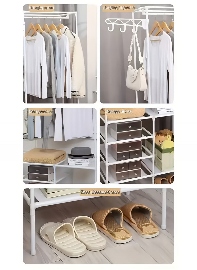 Taimi Metal Clothes Organizer, Metal Clothes Organizer Multi Functional Portable Wardrobe With Four Sections And Poles For Hanging Clothes White  - Image 3