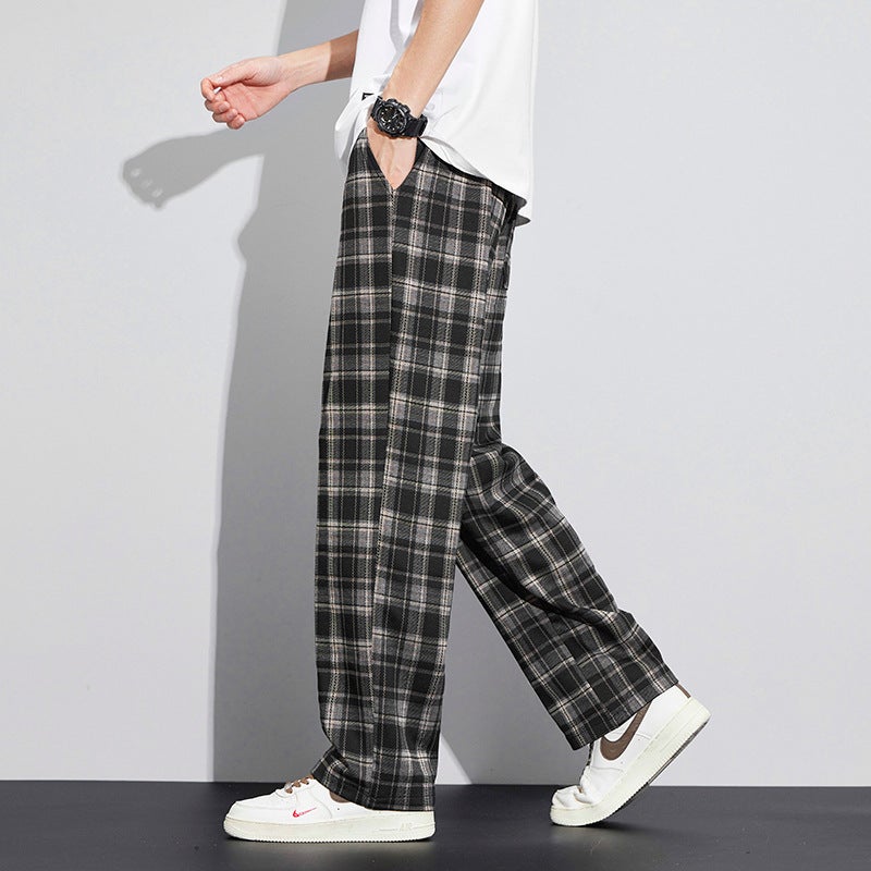 Vintage Contrast Color Plaid Casual Pants For Boys Loose Straight 2024 Summer Thin Wide Leg Sports Trousers For Teenagers - Image 4