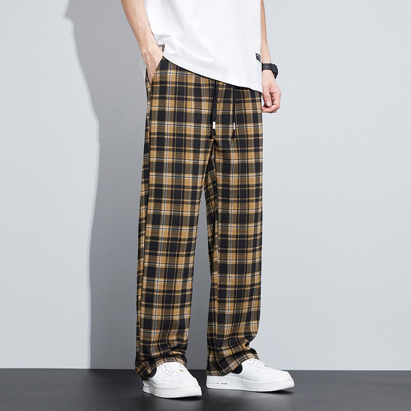 Vintage Contrast Color Plaid Casual Pants For Boys Loose Straight 2024 Summer Thin Wide Leg Sports Trousers For Teenagers - Image 1