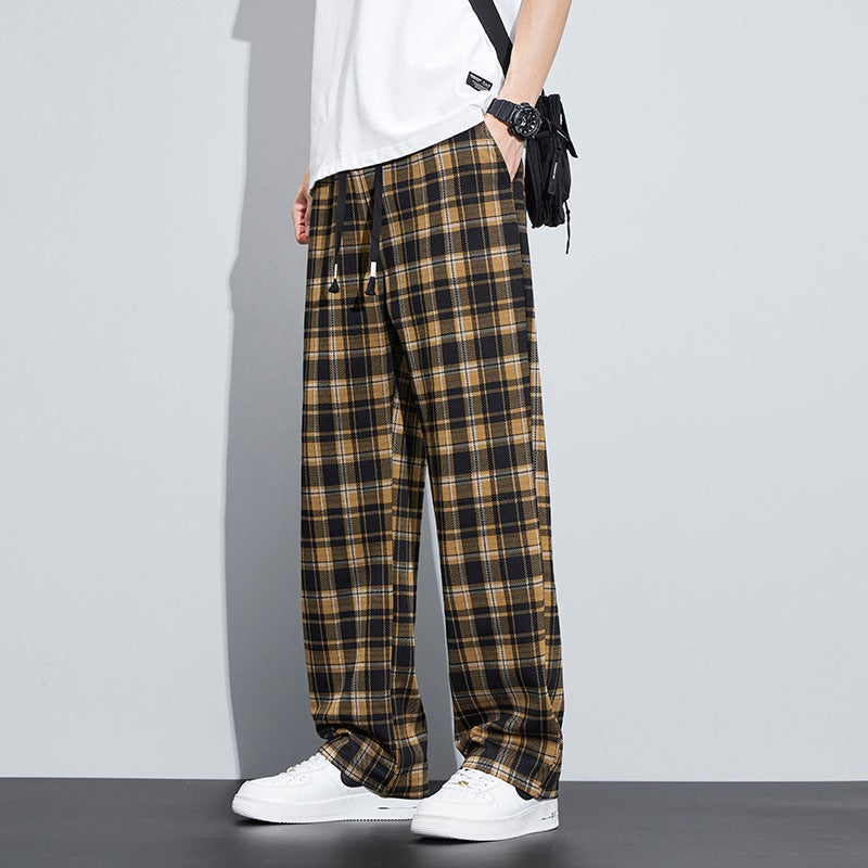 Vintage Contrast Color Plaid Casual Pants For Boys Loose Straight 2024 Summer Thin Wide Leg Sports Trousers For Teenagers - Image 3