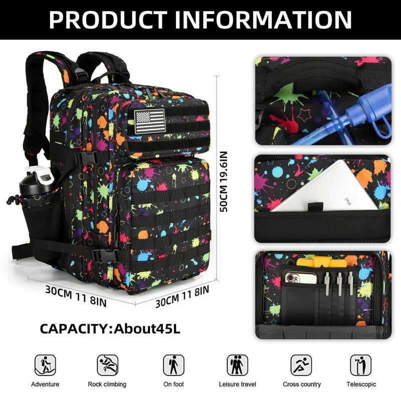 Lovelinks21 Tactical Assault Backpack - 45L 3 Day Assault Pack with MOLLE, Waterproof Rucksack - Fluorescent Tie Dye - Image 2