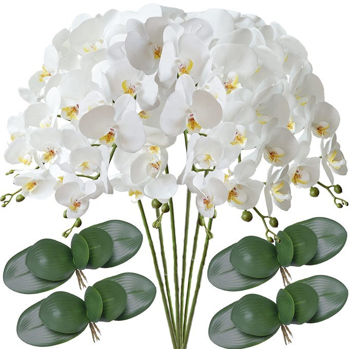 32 ARTIFICIAL PHALAENOPSIS FLOWERS 6 PCS WITH 4 BUNDLES LEAVES ARTIFICIAL ORCHID FLOWERS STEM PLANTS FOR HOME DCOR 6PCS