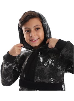 Andora هودي للأولاد بأكمام طويلة منقوش ذاتيًا _ رمادي وأبيض وأسود  - Image 4