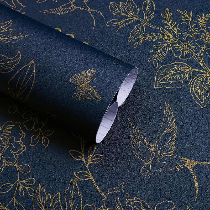Froluya Dark Blue and Gold Vintage Floral Peel and Stick Wallpaper 177x1181 Dark Blue Floral Wallpaper Peel and Stick Removable Self Adhesive Wall Paper for Bathroom Bedroom Decorative Vinyl