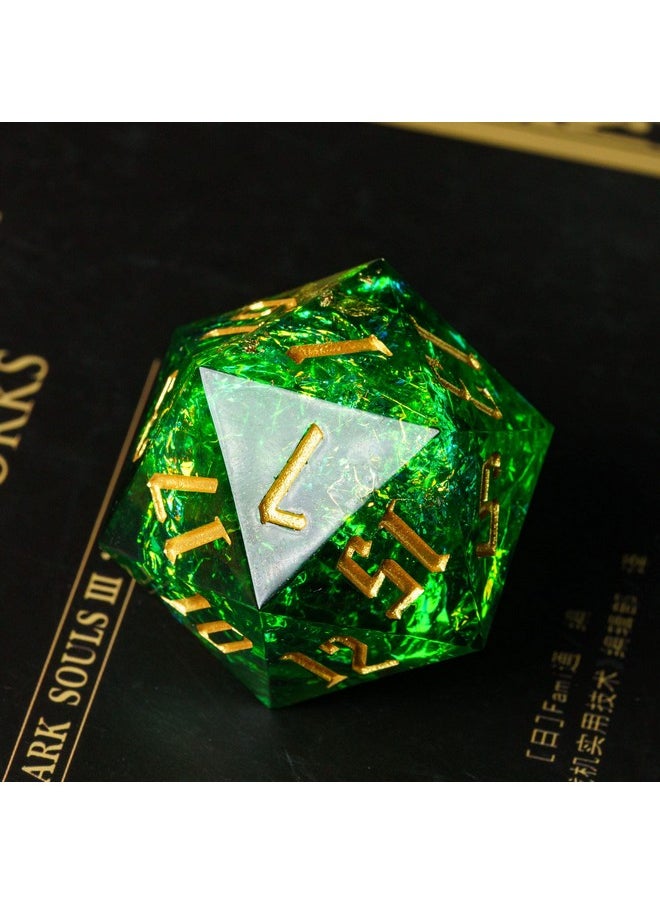 cusdie Cusdie Single D20 DND Dice with Sharp Edges and Glitter Foil Inclusions, 20 Sided D&D Dice, 33mm Handcrafted, for Role Playing Game Pathfinder (Green)  - Image 2
