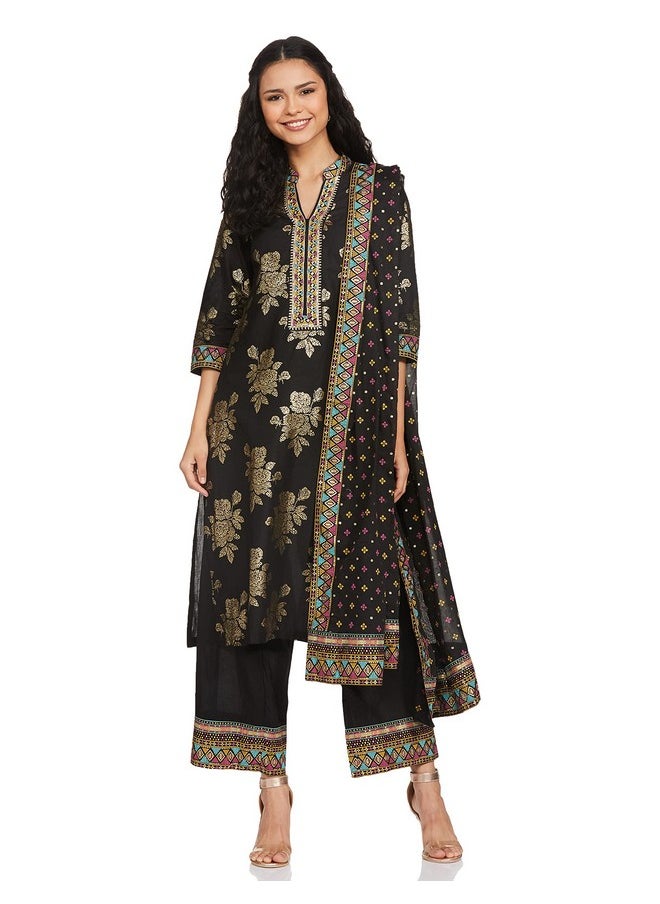 Biba - BIBA WOMEN PRINTED STRAIGHT SALWAR KURTA DUPATTA(SKDBANDHEJ 7509_BLACK_36) - Image 1