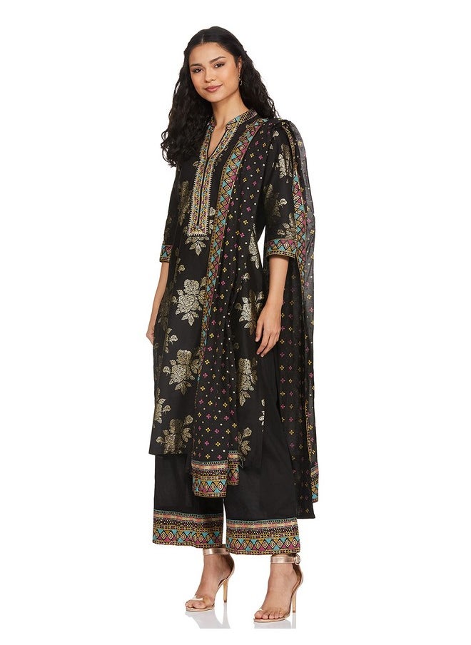 Biba - BIBA WOMEN PRINTED STRAIGHT SALWAR KURTA DUPATTA(SKDBANDHEJ 7509_BLACK_36) - Image 1