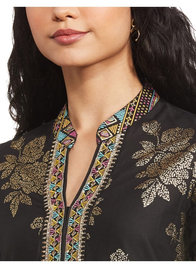 Biba - BIBA WOMEN PRINTED STRAIGHT SALWAR KURTA DUPATTA(SKDBANDHEJ 7509_BLACK_36) - Image 1