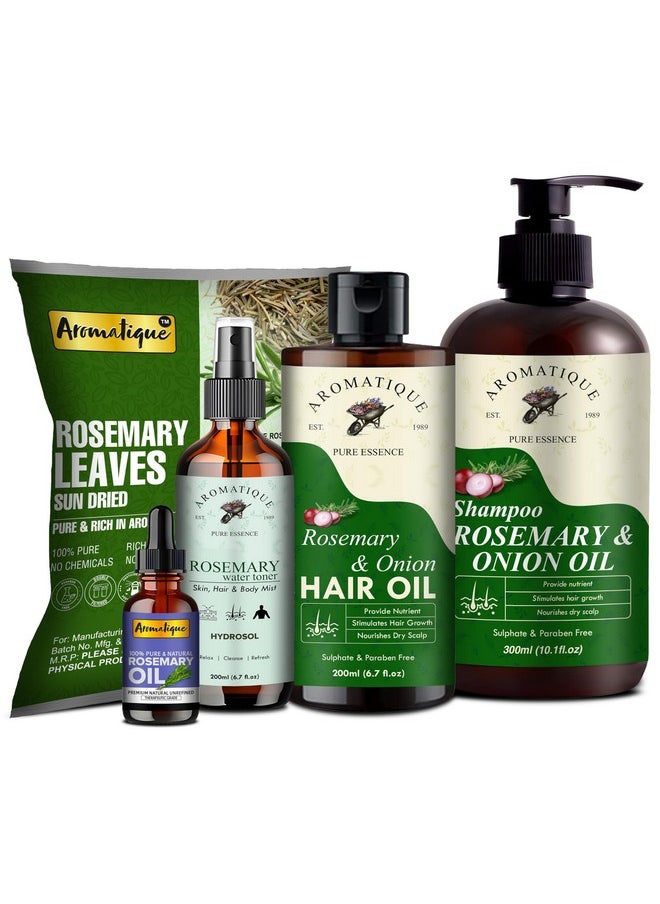 AROMATIQUE Rosemary Hair Growth Kit: Natural Hair Care Set With Rosemary Hair Oil, Dried Leaves, Onion Oil Shampoo, Water/Toner & Essential Oil - Diy Hair Treatment For Healthier, Fuller Hair 