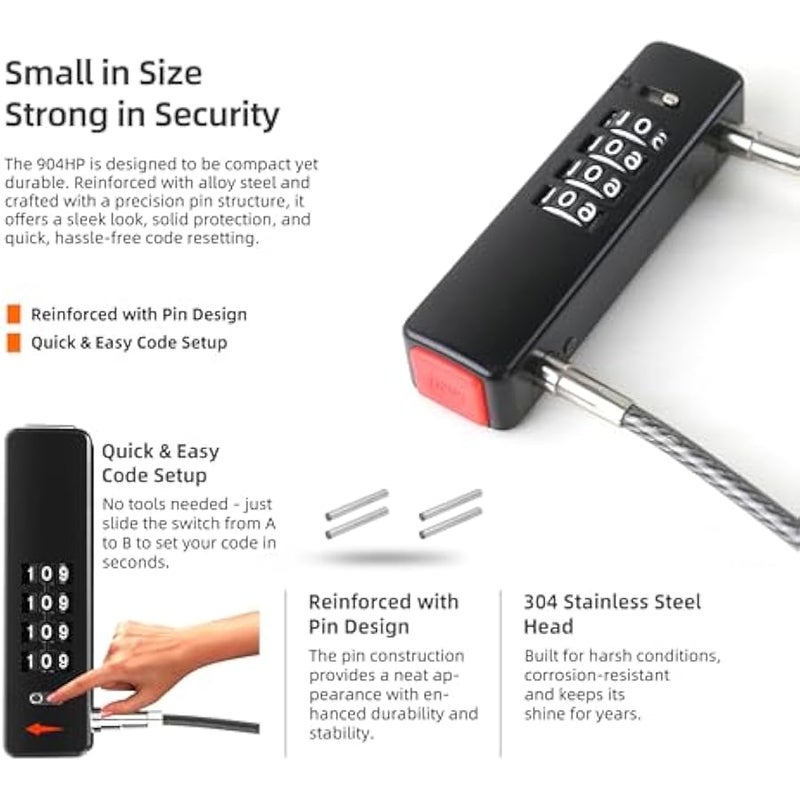 كيبل قفل دراجة من يو بي سكيوريتي بطول 2 قدم، قفل مركب من 4 ارقام للاماكن الخارجية، قفل كيبل كومبو صغير لدراجة الاطفال والدراجة والسكوتر وبوابة السياج وباب الثلاجة وامتعة السفر والخوذة - Image 2