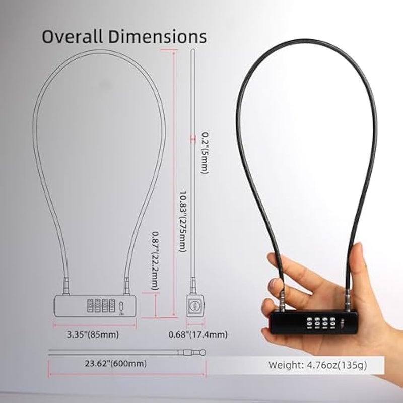 كيبل قفل دراجة من يو بي سكيوريتي بطول 2 قدم، قفل مركب من 4 ارقام للاماكن الخارجية، قفل كيبل كومبو صغير لدراجة الاطفال والدراجة والسكوتر وبوابة السياج وباب الثلاجة وامتعة السفر والخوذة - Image 4