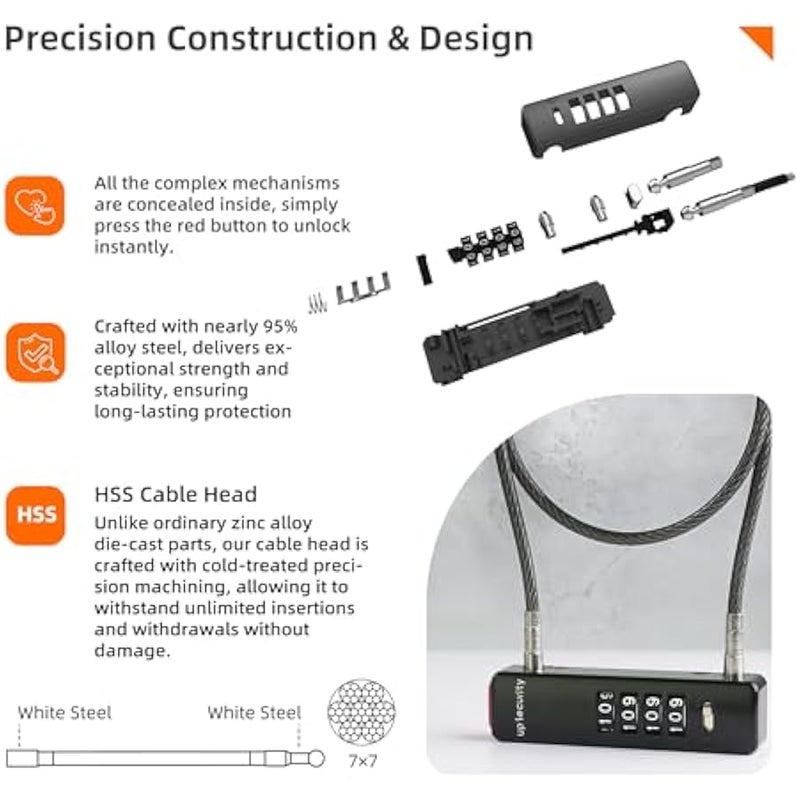 كيبل قفل دراجة من يو بي سكيوريتي بطول 2 قدم، قفل مركب من 4 ارقام للاماكن الخارجية، قفل كيبل كومبو صغير لدراجة الاطفال والدراجة والسكوتر وبوابة السياج وباب الثلاجة وامتعة السفر والخوذة - Image 3