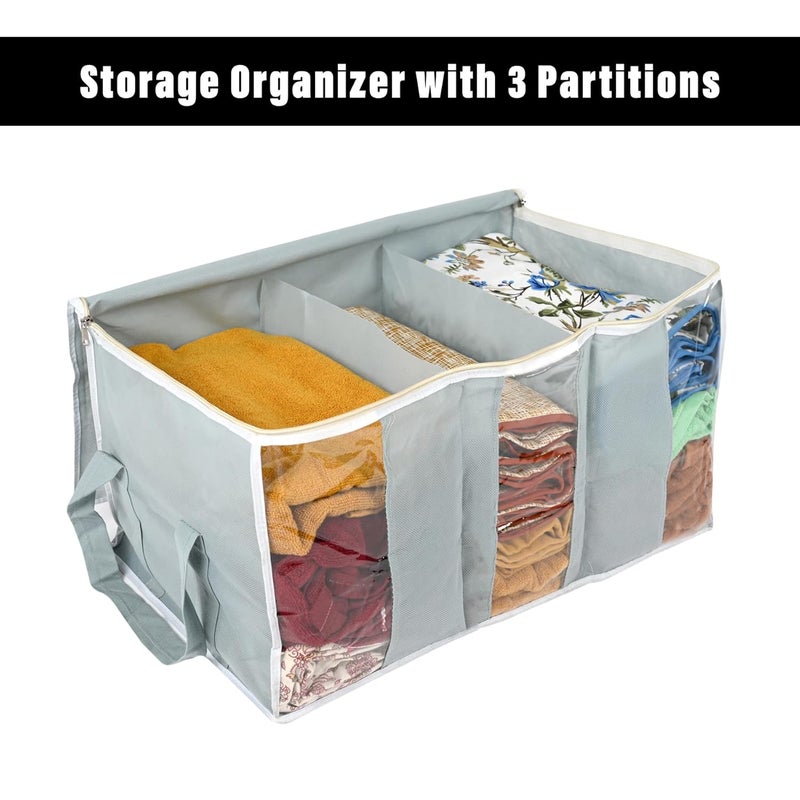Kuber Industries Underbed Storage Bag NonWoven Storage Bag Underbed Storage Organizer with 3 Partitions Blanket Cover with Side Handles Pack of 4 Gray - Image 4