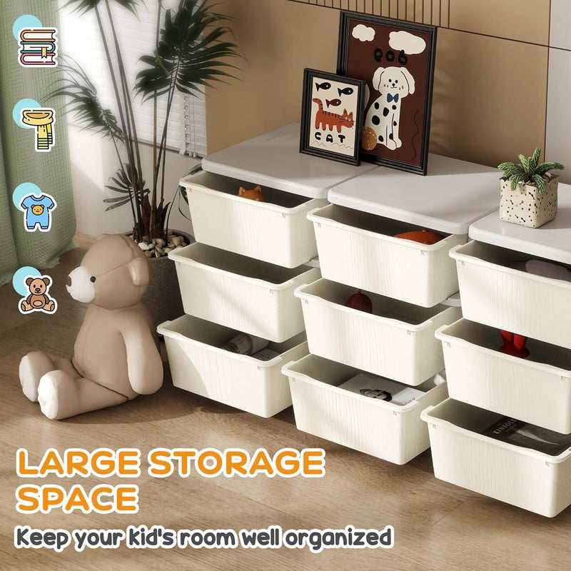 Qaba 3 Tier Kids Storage Unit 9 Drawer Chest Toy Organizer Plastic Bins for Kids Bedroom Nursery Kindergarten Living Room for Boys Girls Toddlers Cream White - Image 4