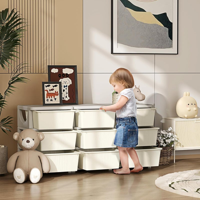 Qaba 3 Tier Kids Storage Unit 9 Drawer Chest Toy Organizer Plastic Bins for Kids Bedroom Nursery Kindergarten Living Room for Boys Girls Toddlers Cream White - Image 2