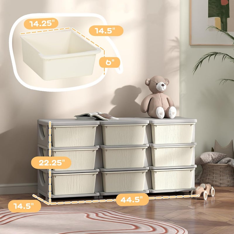 Qaba 3 Tier Kids Storage Unit 9 Drawer Chest Toy Organizer Plastic Bins for Kids Bedroom Nursery Kindergarten Living Room for Boys Girls Toddlers Cream White - Image 3
