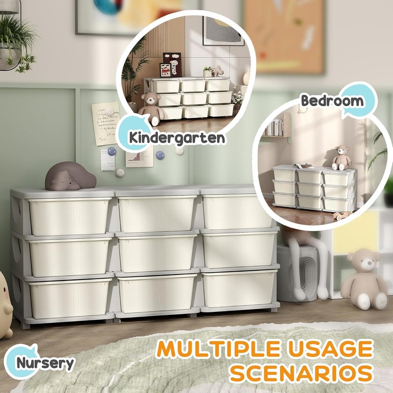 Qaba 3 Tier Kids Storage Unit 9 Drawer Chest Toy Organizer Plastic Bins for Kids Bedroom Nursery Kindergarten Living Room for Boys Girls Toddlers Cream White - Image 5