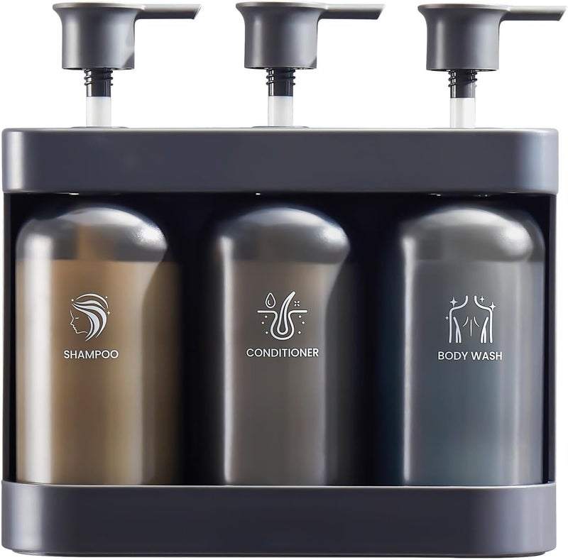 KASTWAVE Shampoo Dispenser for Shower, 3 Chamber Wall Mounted Soap Dispenser, No Drill Shampoo & Conditioner Dispenser for Bathroom, Black - Image 1