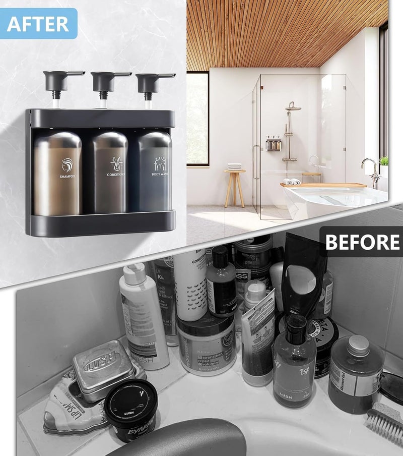 KASTWAVE Shampoo Dispenser for Shower, 3 Chamber Wall Mounted Soap Dispenser, No Drill Shampoo & Conditioner Dispenser for Bathroom, Black - Image 3