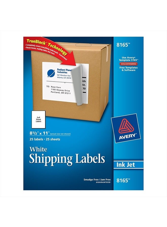 AVERY Avery Shipping Address Labels, Inkjet Printers, 25 Labels, Full Sheet Labels, Permanent Adhesive, TrueBlock (8165)