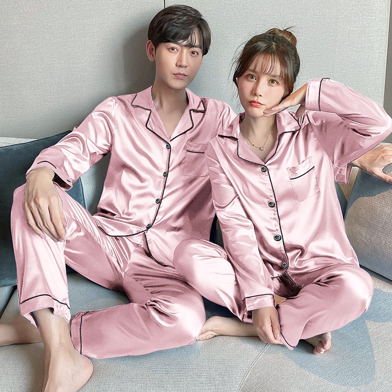 Couple Pajamas Ice Silk Summer Long-Sleeved Women'S Cardigan Casual Loose Men'S Middle-Aged And Young People'S Large Size Home Clothes - Image 1