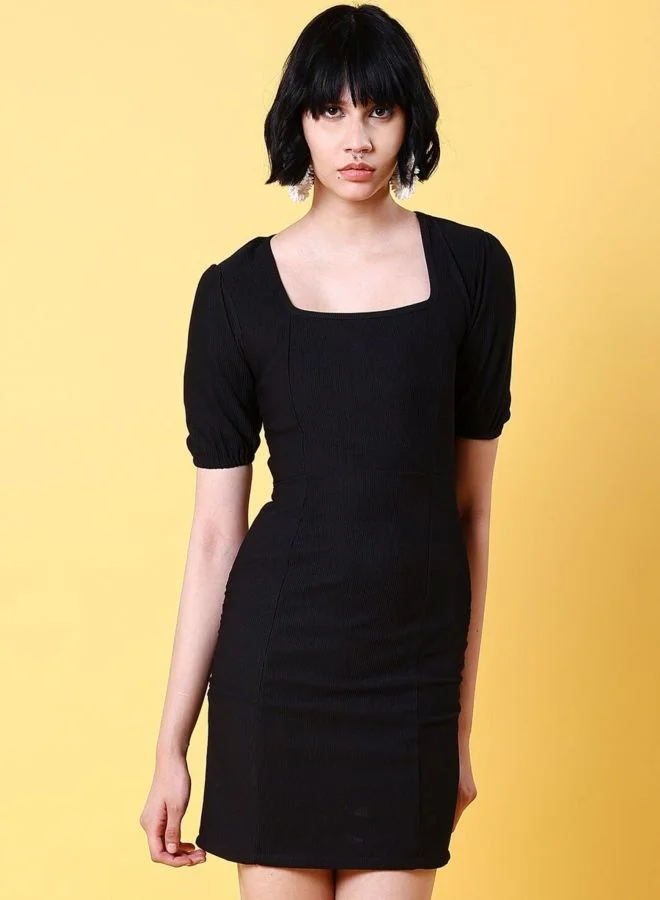 Women Regular Fit Solid Square Neck Short Sleeve Dress
