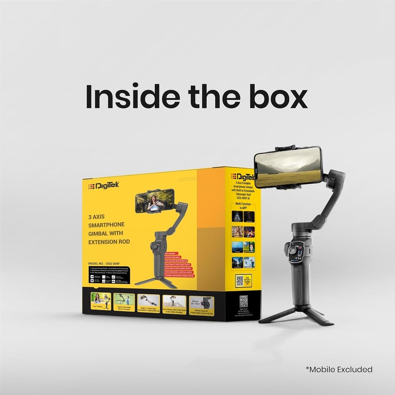 Digitek (DSG-009F) جيمبال هاتف ذكي قابل للطي بزاوية 3 محاور مع قضيب تلسكوبي قابل للتعديل ومدمج 3، متوافق مع جميع الهواتف الذكية، تصوير بزاوية منخفضة ووضع، تكبير وتصغير بالعجلة (أسود) - Image 3