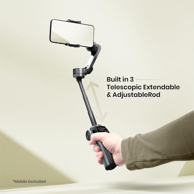 Digitek (DSG-009F) جيمبال هاتف ذكي قابل للطي بزاوية 3 محاور مع قضيب تلسكوبي قابل للتعديل ومدمج 3، متوافق مع جميع الهواتف الذكية، تصوير بزاوية منخفضة ووضع، تكبير وتصغير بالعجلة (أسود) - Image 5