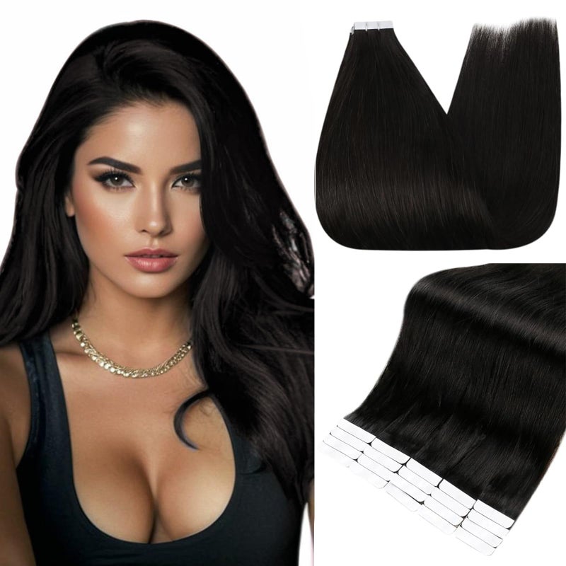 Fshine Full Shine Tape in Hair Extensions Human Hair 12 Inch Color 1B Off Black Natural Invisible Double Sided Tape Ins Human Hair Extensions for Women 30 Grams Natural Straight Remy Hair 20PCS - Image 1