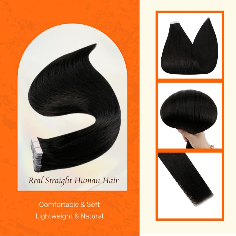 Fshine Full Shine Tape in Hair Extensions Human Hair 12 Inch Color 1B Off Black Natural Invisible Double Sided Tape Ins Human Hair Extensions for Women 30 Grams Natural Straight Remy Hair 20PCS - Image 2