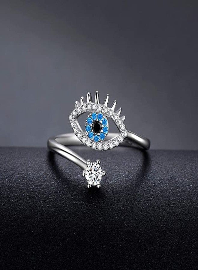 VIEN Eye Ring Silver Jewelry Open Rings Lucky Evil Eye Adjustable Blue Cz Jewelry Stainless Steel Cubic Zirconia Sterling Silver Plated Ring, For Womens - Image 5