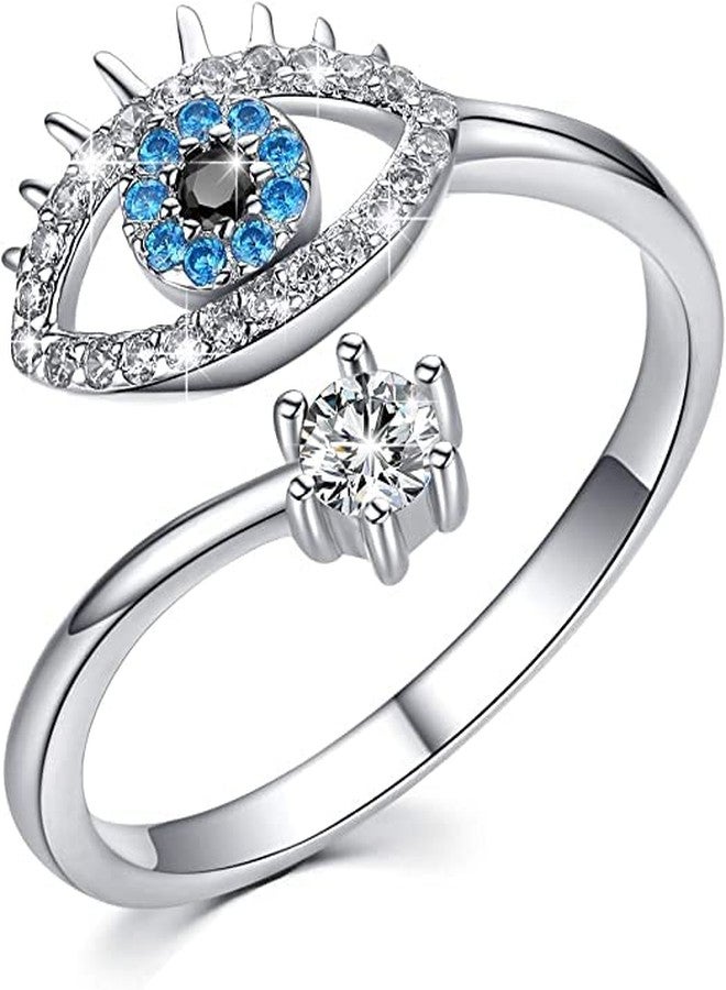 VIEN Eye Ring Silver Jewelry Open Rings Lucky Evil Eye Adjustable Blue Cz Jewelry Stainless Steel Cubic Zirconia Sterling Silver Plated Ring, For Womens - Image 1