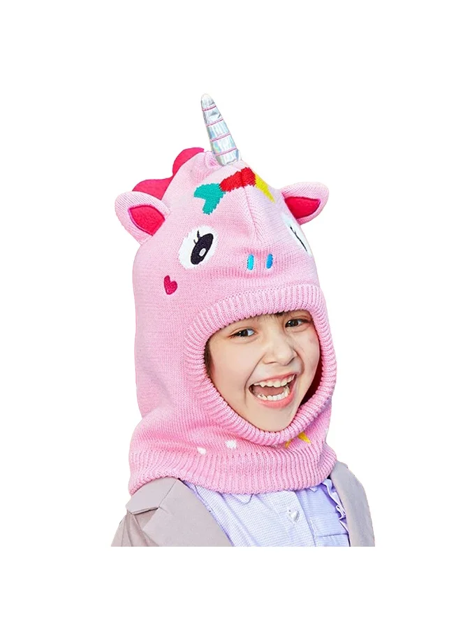 صندوق المفاجآت الصغيرة Knitted Pink Star Unicorn theme Winter Cap covering  Neck Ears and Head for Minus degree Temperature5 yrs and above