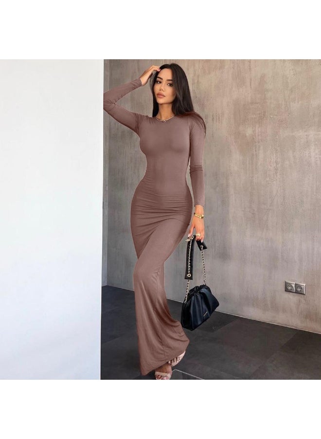 NIBEMINENT New Fashion Slim Solid Color Round Neck Mid-waist Long Sleeve Dress  - Image 1