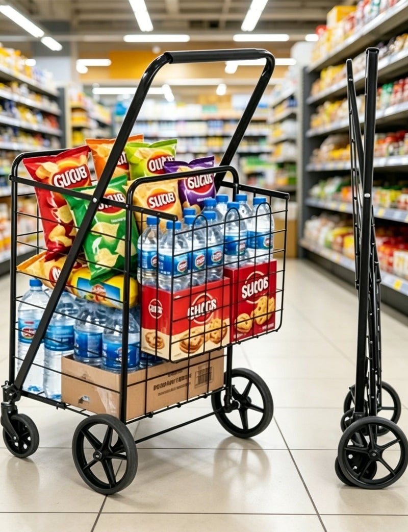 general Folding Shopping Cart with Wheels and Double Basket, 118L Grocery Multipurpose Cart, Compact, Suitable for Shopping, Laundry, Garden, Travel (Black) - Image 1