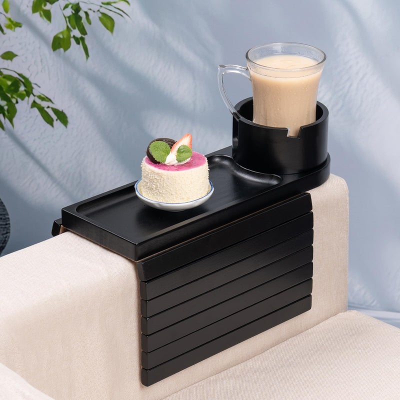 TOMLYOP Couch Cup Holder Tray for Armrests Over 4.9" Wide, Bamboo Couch Arm Tray with 360Â° Rotating Phone Stand, 3 in 1 Foldable Sofa Arm Tray Table for Remote, Snacks, Phone, Drinks Black - Image 1