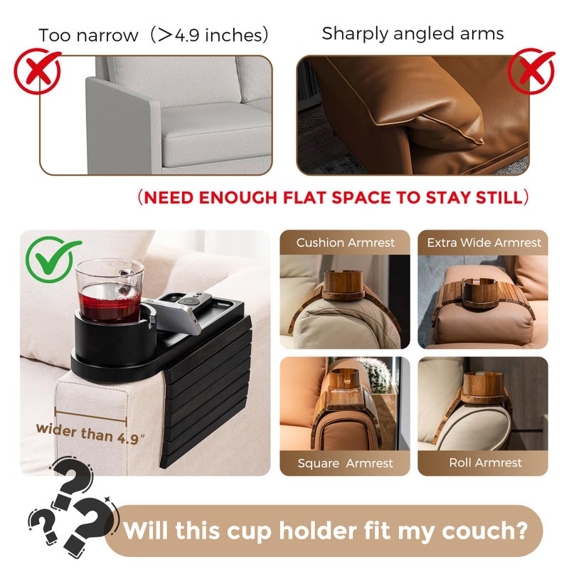 TOMLYOP Couch Cup Holder Tray for Armrests Over 4.9" Wide, Bamboo Couch Arm Tray with 360Â° Rotating Phone Stand, 3 in 1 Foldable Sofa Arm Tray Table for Remote, Snacks, Phone, Drinks Black - Image 2