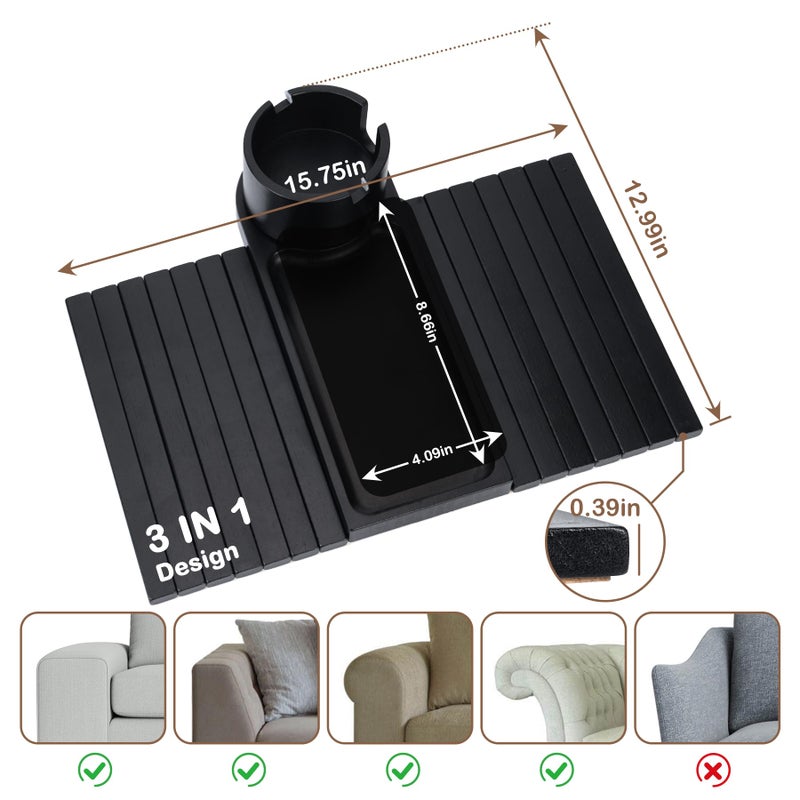 TOMLYOP Couch Cup Holder Tray for Armrests Over 4.9" Wide, Bamboo Couch Arm Tray with 360Â° Rotating Phone Stand, 3 in 1 Foldable Sofa Arm Tray Table for Remote, Snacks, Phone, Drinks Black - Image 3
