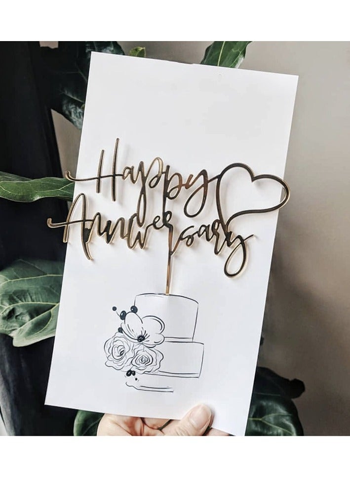 Happy Anniversary Cake Topper Acrylic Gold Cake Decorations Wedding Anniversary Sparkling Decoration Sticks for Engagement Wedding Party Supplies - Image 1