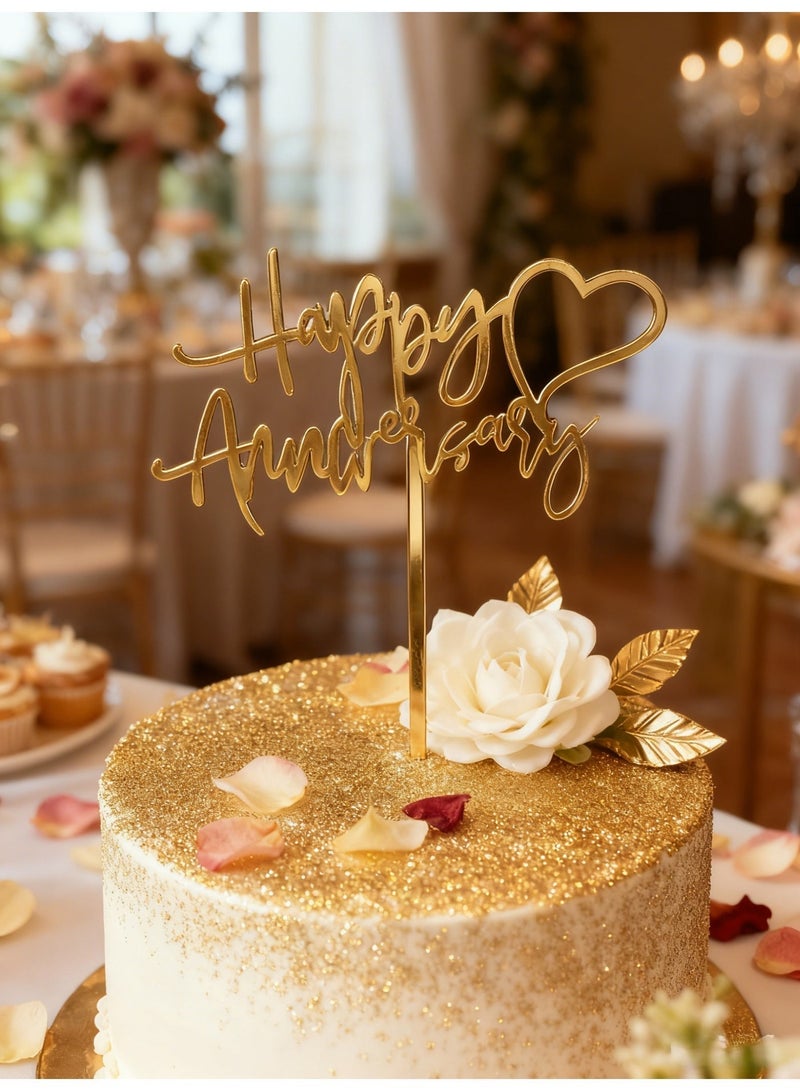 Happy Anniversary Cake Topper Acrylic Gold Cake Decorations Wedding Anniversary Sparkling Decoration Sticks for Engagement Wedding Party Supplies - Image 2